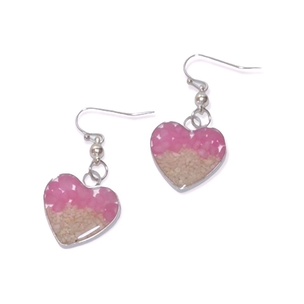 Natural Pink Pebbles & Sand Heart Earrings • Eco-Friendly Alloy • Silver Finish